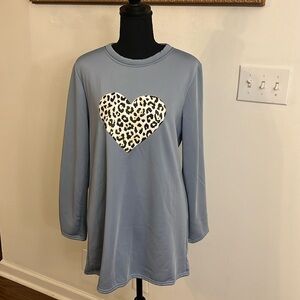 Unknown Designer Soft Blue Pullover with Animal Print Heart, Sz. M/L.